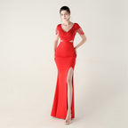 New folding positioning process bead chain shoulder decoration deep V hollow thin banquet evening dress
