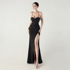 New order bead fish bone waist strap pleated deep V suspender evening dress banquet
