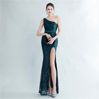 Positioning flower beads single shoulder diagonal collar side split fork long evening dress