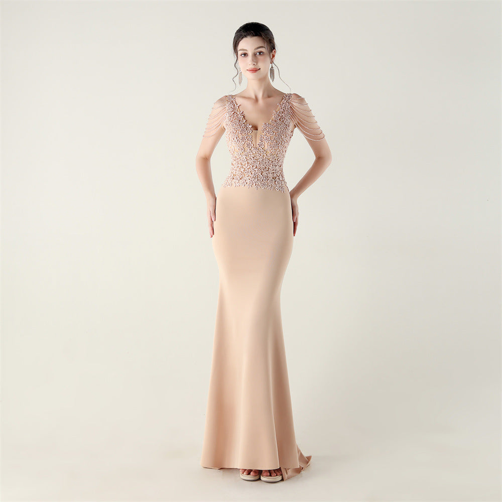 New Bead Lace Bead Embroidery Evening Ceremony, Off-Shoulder Fishtail Dress, Red Carpet Wedding Banquet Dress