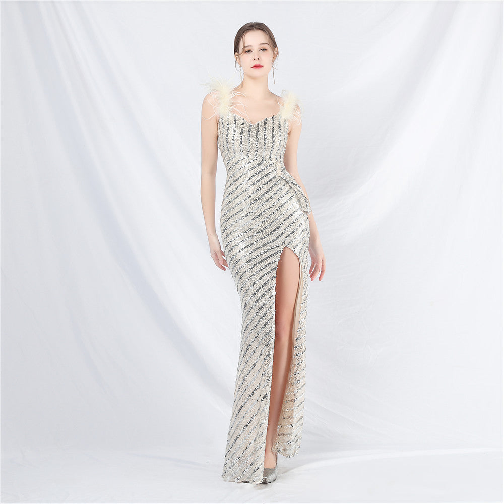 New evening dress craft beaded ostrich hair beads side split evening dress