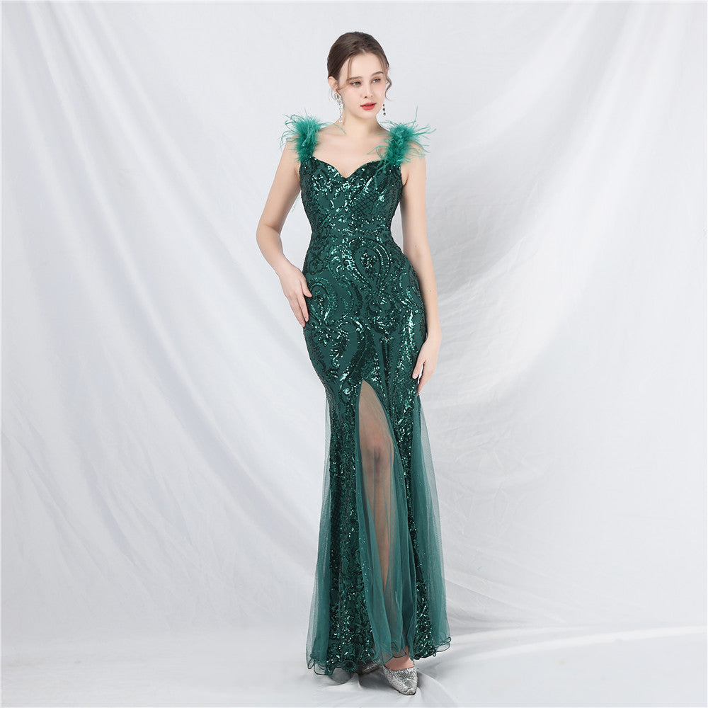 New craft ostrich hair mesh yarn beads high-end long dress skirt