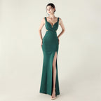 New cross-pleated hollow mesh deep V-neck evening dress slim banquet robe