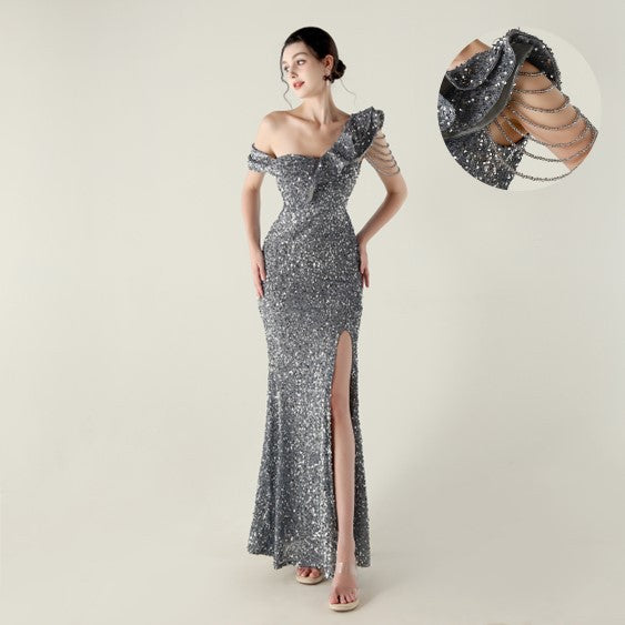 New single shoulder pleated ruffle edge pendant bead chain sequined evening dress, banquet wedding red carpet