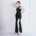 Fleece bottom beads fantasy color shoulder party wedding dinner fishtail long evening dress