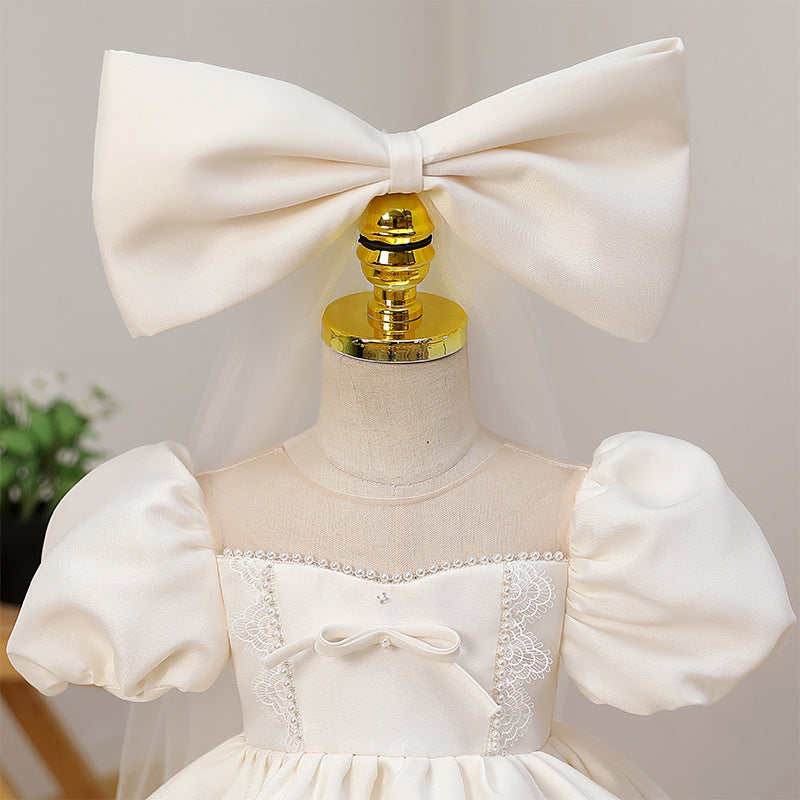 Elegant Baby Girl White Lace Puff Sleeve Bow Princess Dress Toddler First Communion Dress