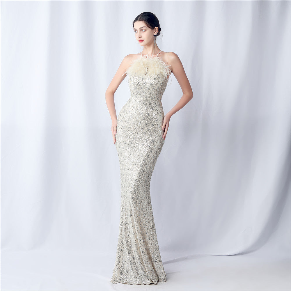 Ostrich hair craft beaded plaid beads dinner party annual meeting evening dress