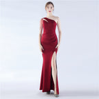 New craft beaded satin single shoulder diagonal collar long evening dress