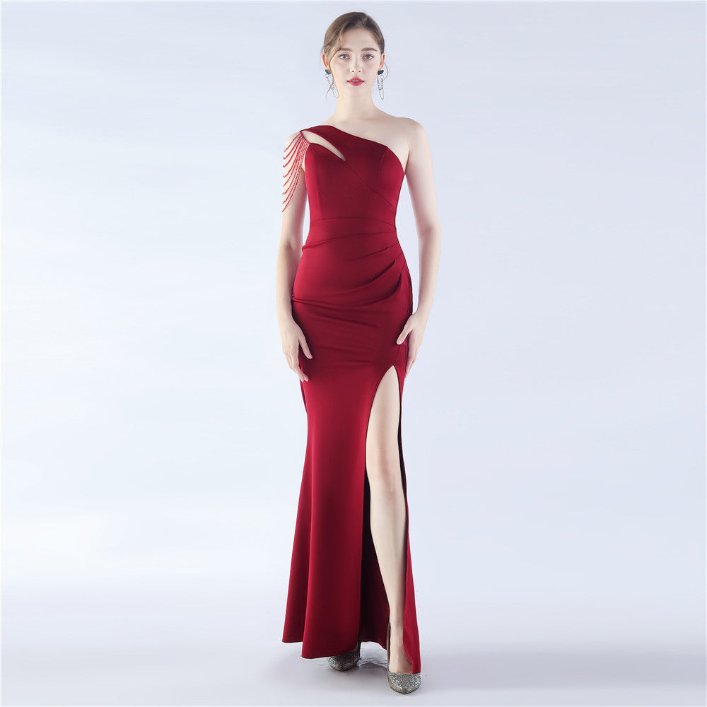 New craft beaded satin single shoulder diagonal collar long evening dress