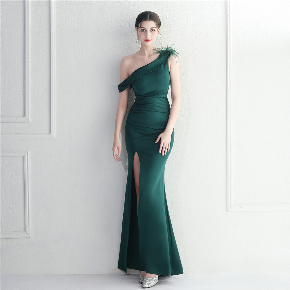 Ostrich hair decorative slanted shoulder collar split fork European and American sexy dress evening dress