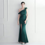 Ostrich hair decorative slanted shoulder collar split fork European and American sexy dress evening dress