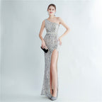 Positioning flower beads single shoulder diagonal collar side split fork long evening dress