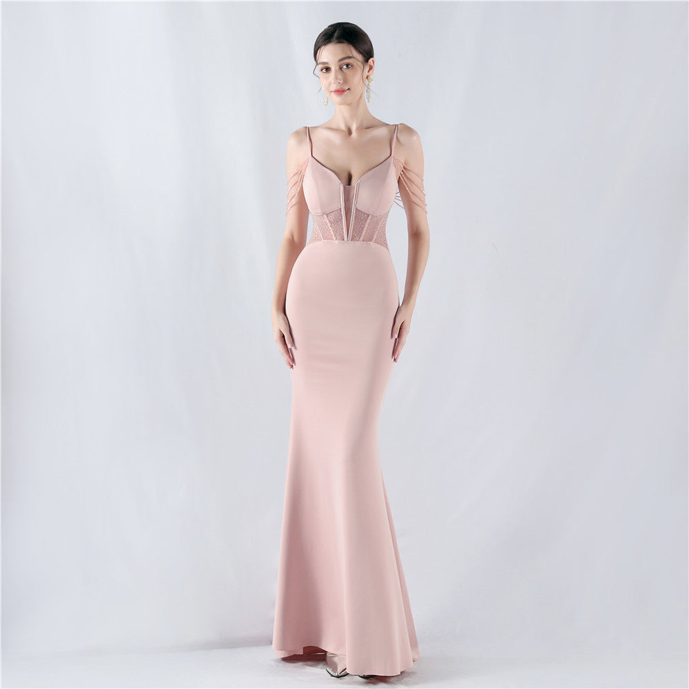 Evening dress waist fish bone beads hot diamond banquet performance host evening dress