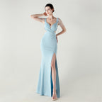 New bead pressing and folding process deep V-neck evening dress slim banquet robe