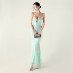 New Bead Embroidery Sequins Waist Strap Deep V Heart Suspender Evening Dress, Banquet Party