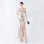 Dress positioning flower bead piece craft bead single shoulder oblique neck high fork evening dress