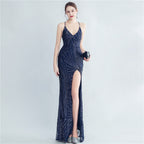 New high-density sequins bundled waist styling side split high-end evening dress
