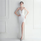 Fashion red carpet formal settings bead chain suspender long evening dress
