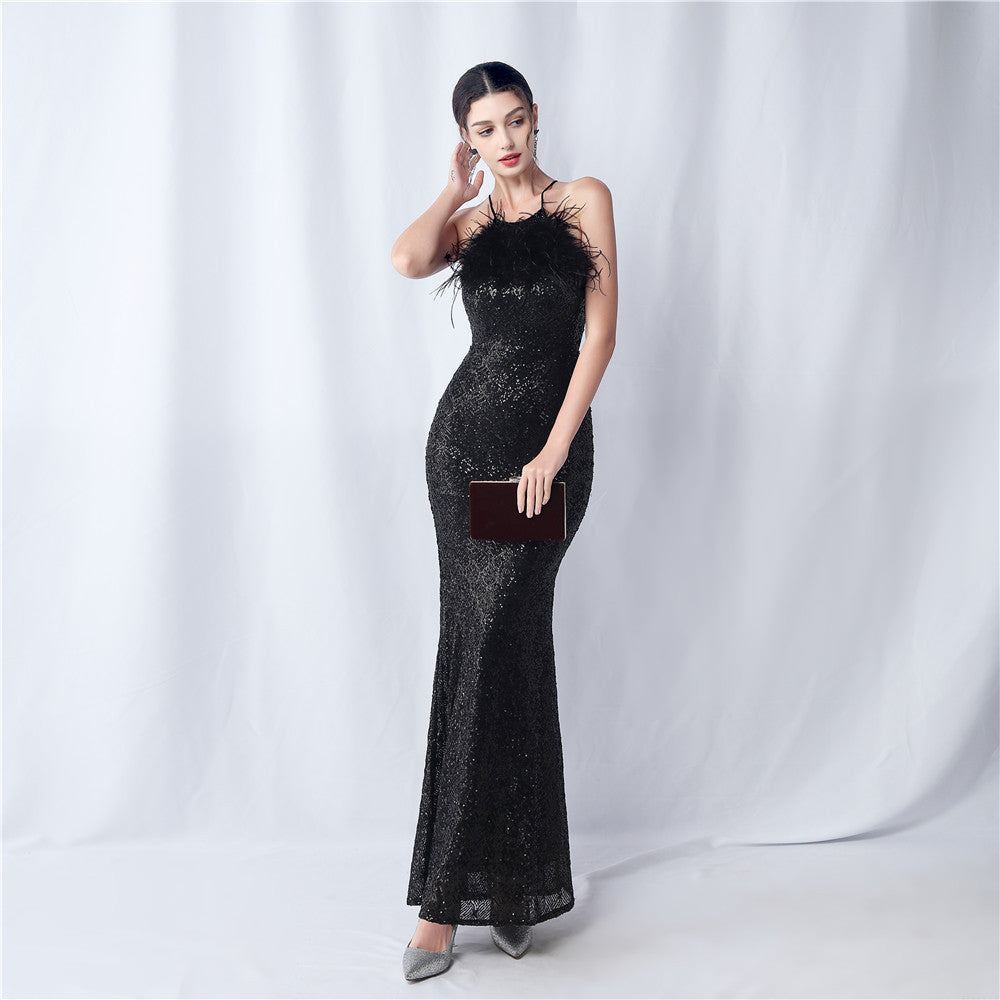 Ostrich hair craft beaded plaid beads dinner party annual meeting evening dress