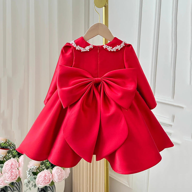 Lindo vestido de princesa rojo con cuello de muñeca de flores para niña, vestido de primera comunión para niña pequeña 