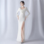 High-end evening dress decorated with ostrich hair craft wavy beads