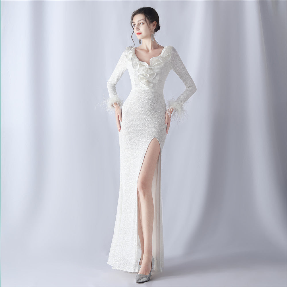 High-end evening dress decorated with ostrich hair craft wavy beads