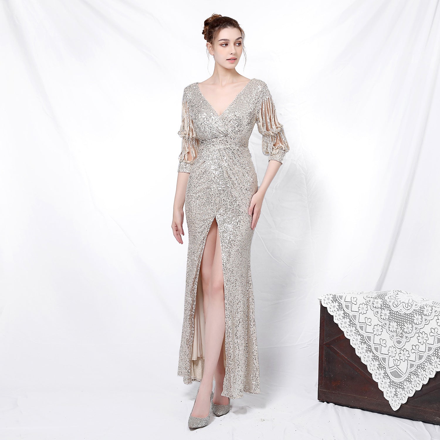New banquet temperament elegant long medium sleeve sleeve sequined aura queen fishtail, evening dress