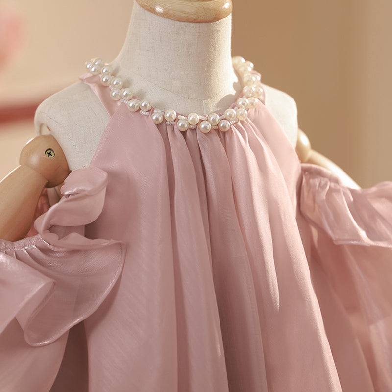 Prinzessinnenkleid für Mädchen zum Geburtstag und zur Kommunion, Perlenkragen, schulterfrei 