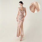 New deep V suspender sequined fishtail evening dress beaded decorative sexy night banquet dress