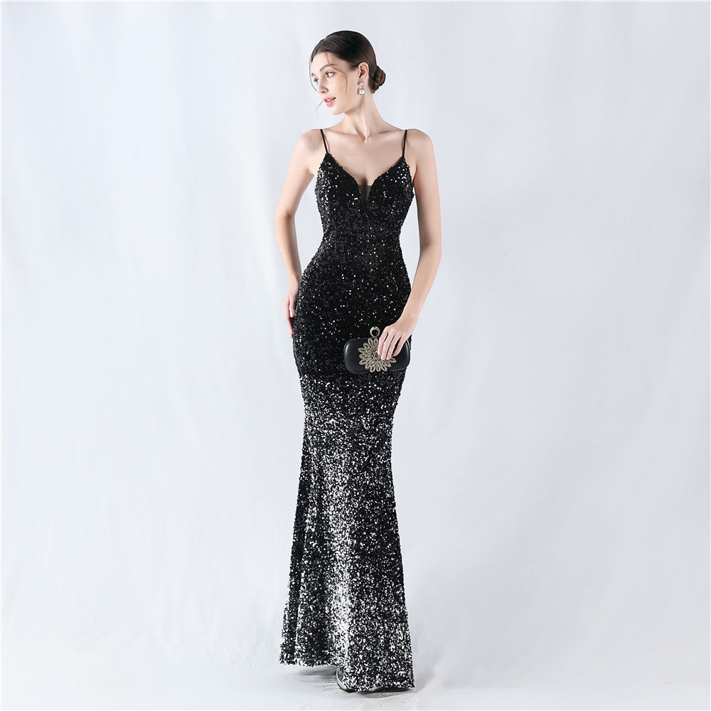 New fleece bottom gradual change bead sexy suspender evening dress