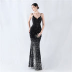 New fleece bottom gradual change bead sexy suspender evening dress