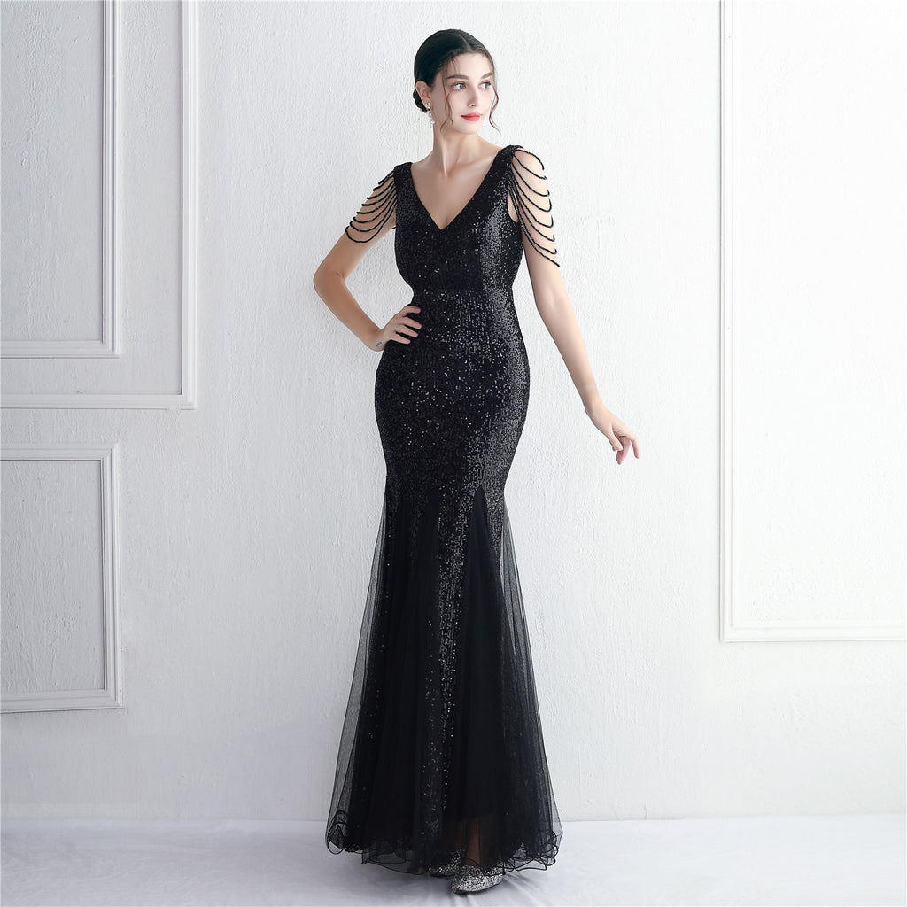 Bead mesh yarn craft bead ordering evening dress long style banquet slim evening dress temperament elegant long style