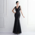 Bead mesh yarn craft bead ordering evening dress long style banquet slim evening dress temperament elegant long style