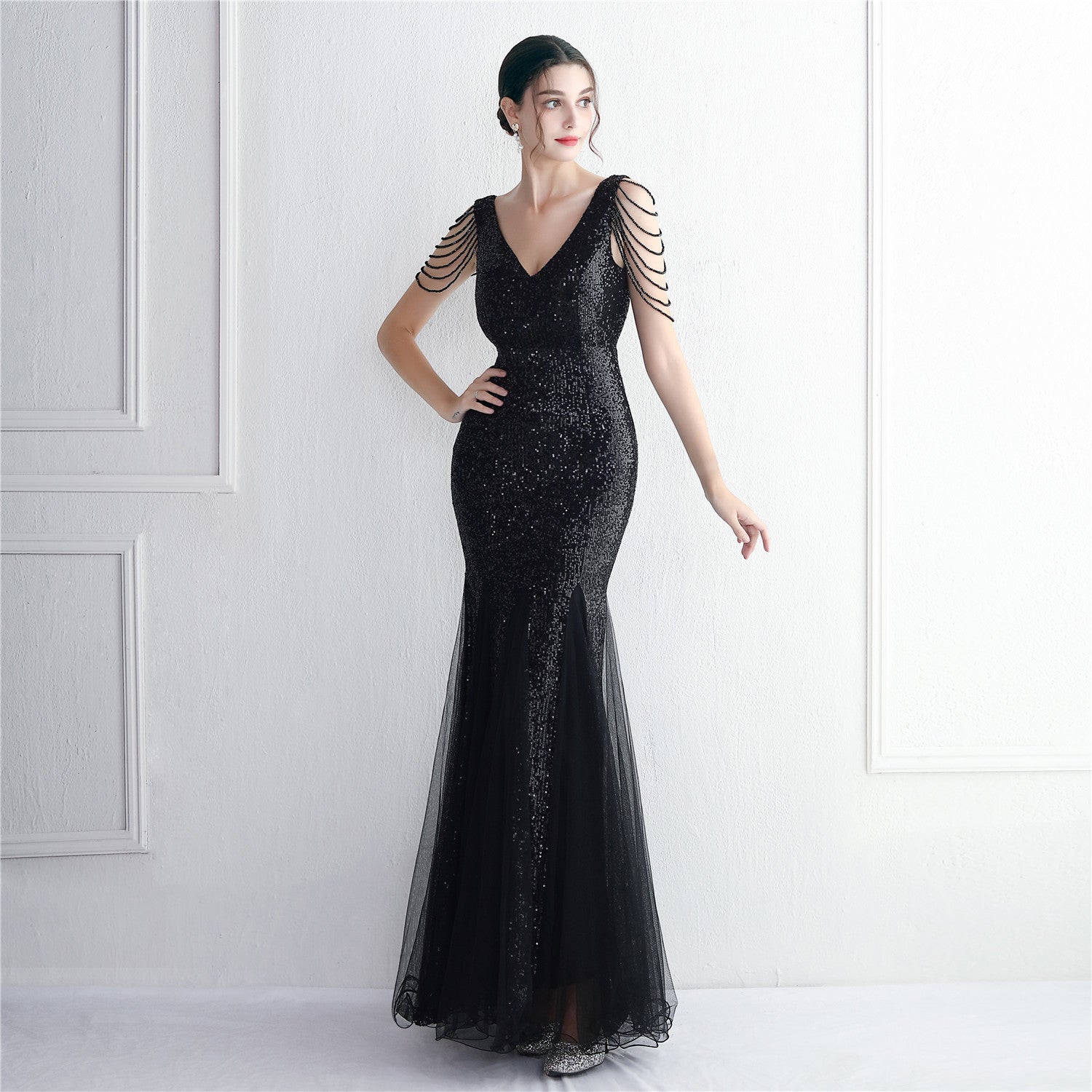 Bead mesh yarn craft bead ordering evening dress long style banquet slim evening dress temperament elegant long style