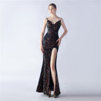 Symphony bead side split long suspender evening dress
