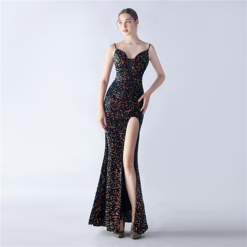 Symphony bead side split long suspender evening dress