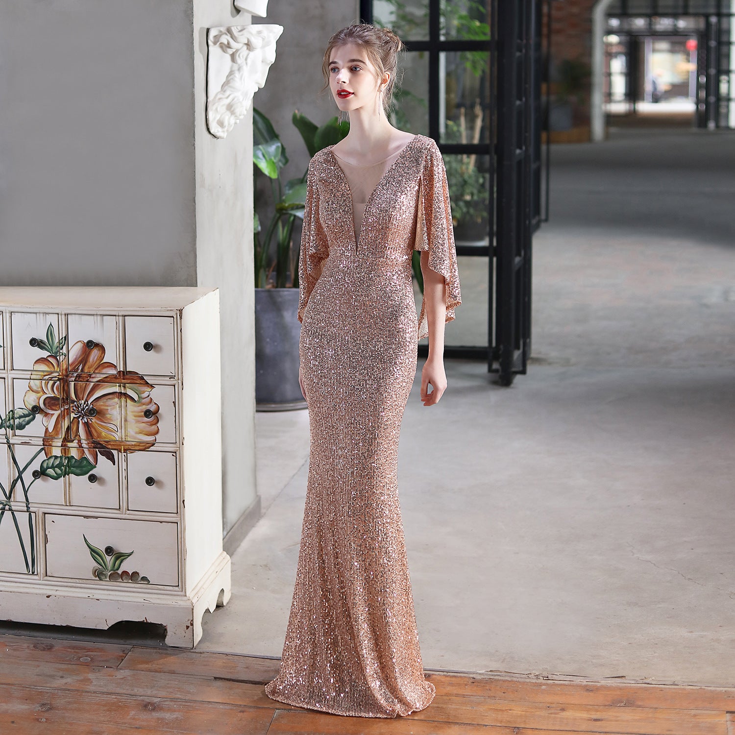 Angel wings sequined fishtail banquet elegant temperament annual meeting host car model party dress female summer