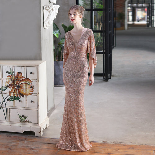 Angel wings sequined fishtail banquet elegant temperament annual meeting host car model party dress female summer