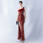 Heavy industry beaded hair single shoulder diagonal collar high fork sequined dinner dress
