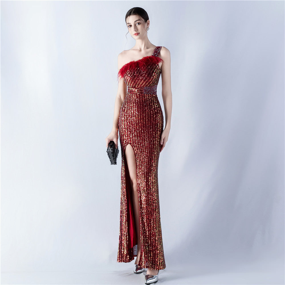 Heavy industry beaded hair single shoulder diagonal collar high fork sequined dinner dress
