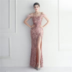 Positioning flower beads, hair binding process, sexy suspender dress, long style.