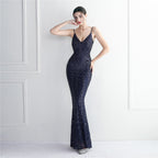 Positioning flower suspender party sequined dress long banquet slim evening dress temperament fishtail skirt