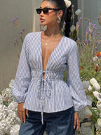 Elegant Stripe Long Sleeve Tie Blouse