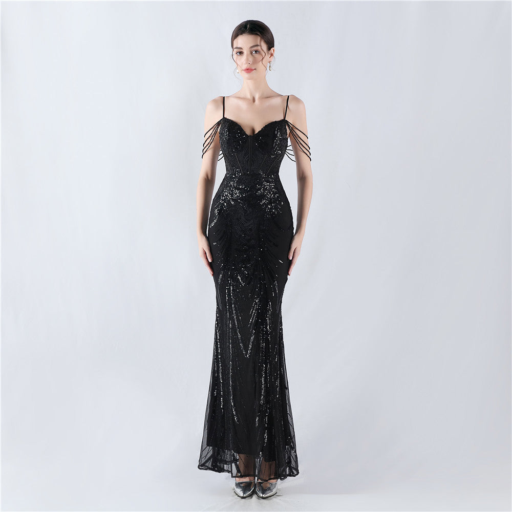 New waist fish bone shaping positioning flower beads live streaming host sexy bead suspender evening dress