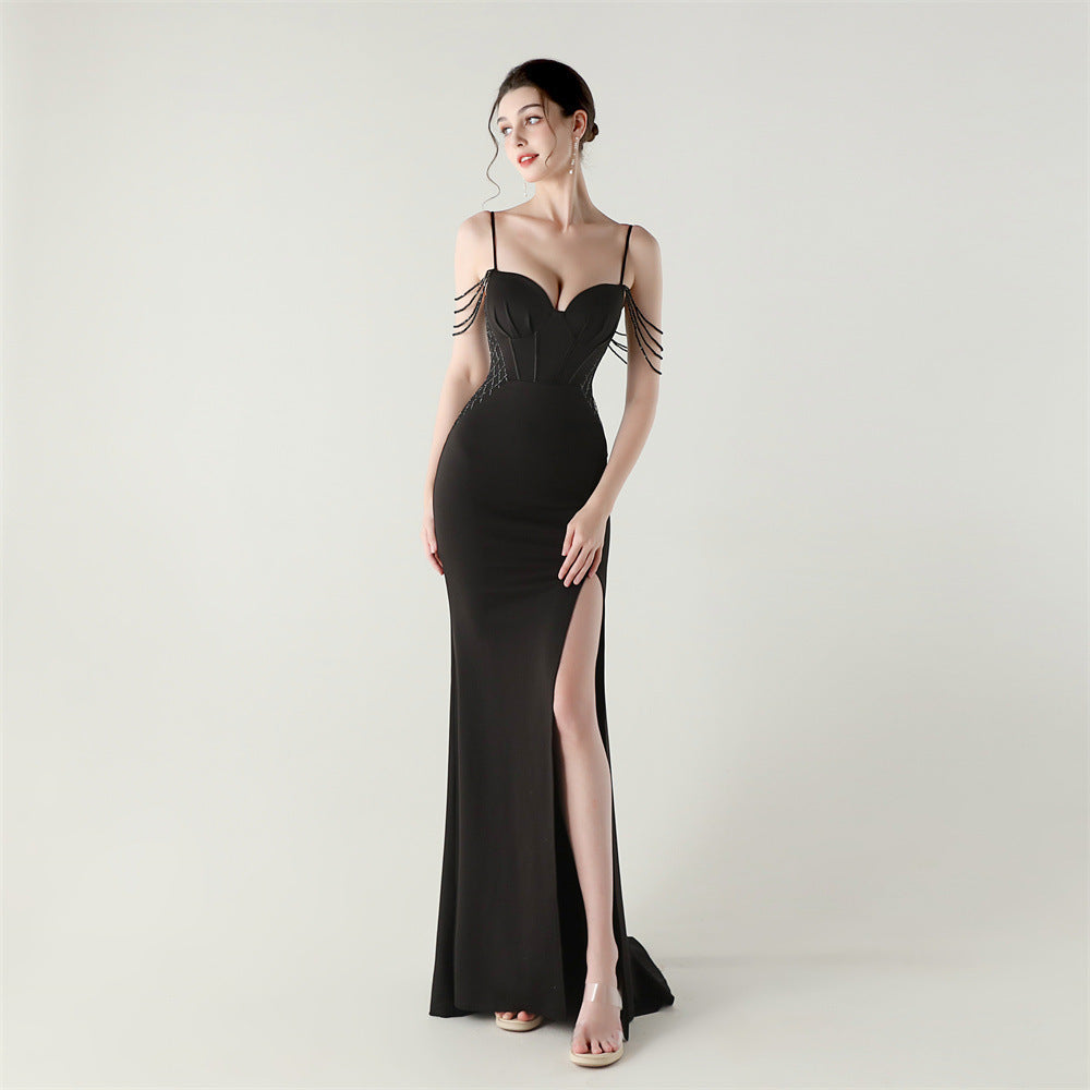 New evening dress fish bone waist lace beads slim formal dinner wedding fishtail evening dress