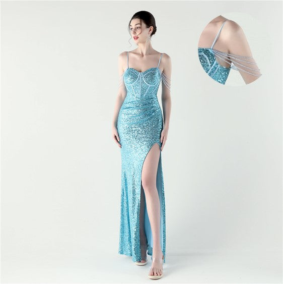 Dinner Focus, Premium, Sequined Fishbone Vest Beaded Suspender High Split Evening Gown