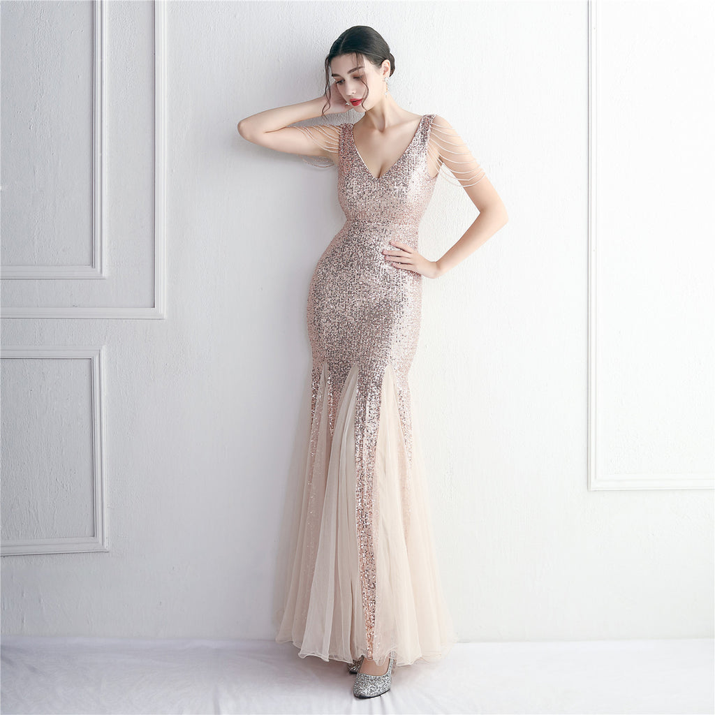 Bead mesh yarn craft bead ordering evening dress long style banquet slim evening dress temperament elegant long style