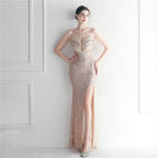 Fashion red carpet formal settings bead chain suspender long evening dress