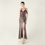 New deep V suspender sequined fishtail evening dress beaded decorative sexy night banquet dress