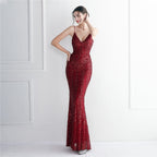 Positioning flower suspender party sequined dress long banquet slim evening dress temperament fishtail skirt